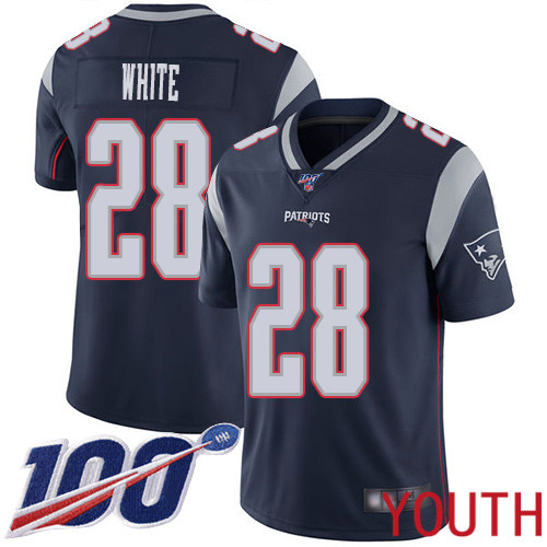 New England Patriots Football 28 100th Season Limited Navy Blue Youth James White Home NFL Jersey